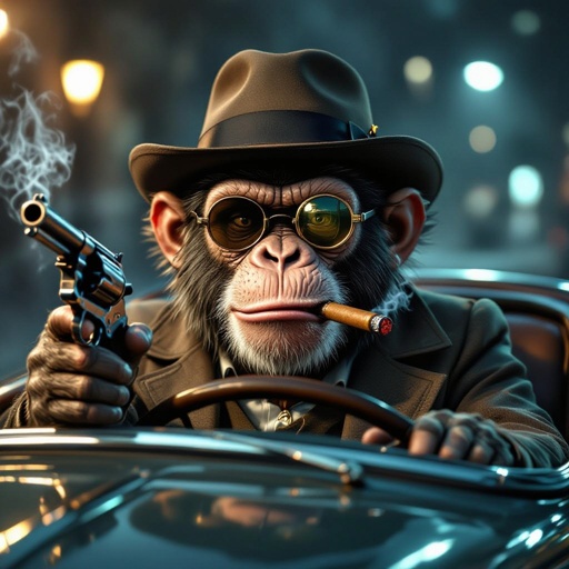 Scimmia che ha una revolver e fuma un sigaro con monocolo e cappello d’epoca che guida un auto d’epoca in un posto con luci fioche