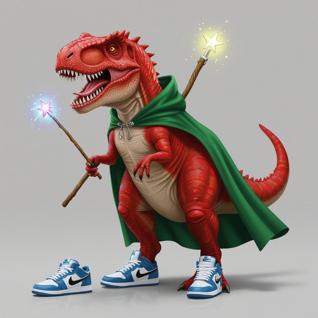 T-rex rosso con la coda di uno squalo con tre scarpe Nike e un bastone magico mantello verde