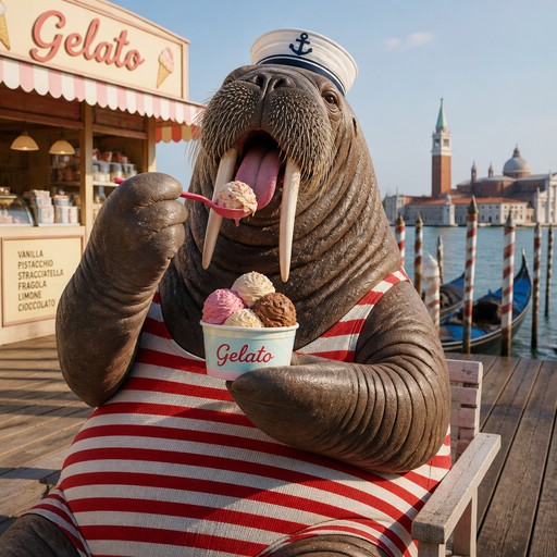 Animated walrus in sailor attire eating gelato by a colorful waterfront shop