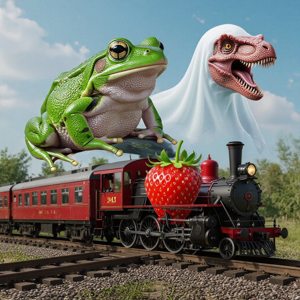 Una rana fusa con una ruota fuso con un t-rex fantasma fuso con lo struzzo treno futuristico usa ad un elefante fragola