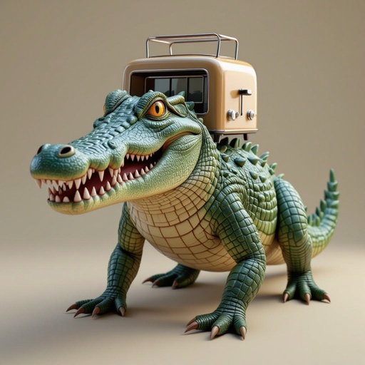 Um crocodilo con cabeza de tostadora y patas de lobo