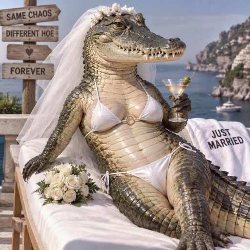 a crocodile in a bikini with a veil