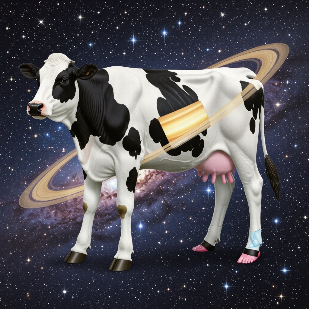 Cow Saturn body 2 cow leg 2 human foot in space