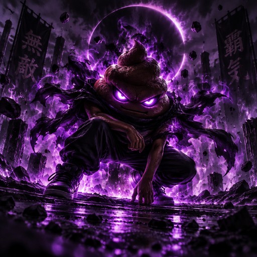 Purple-glowing fantasy creature crouching amid swirling energy and ruined buildings.