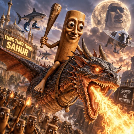 Cartoon wooden character riding a fire-breathing dragon above a fantasy city, golden sunset colors