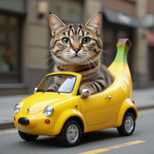Persona con la faccia da gatto su un auto banana