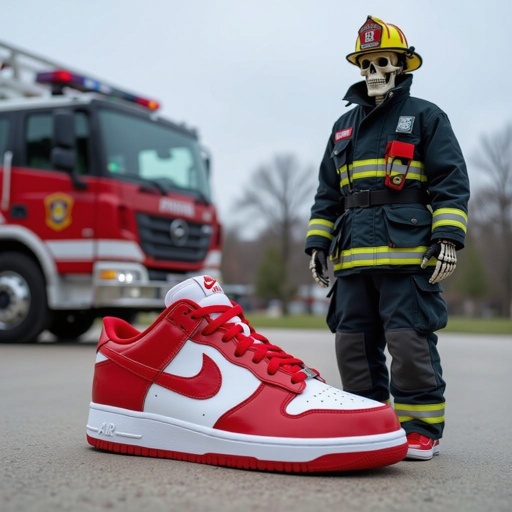 Corpo humano inteiro de osso e sendo um bombeiro com tênis da Nike no pé