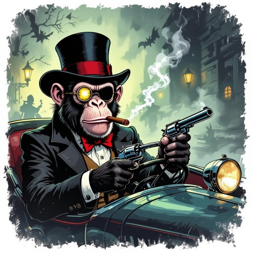 Scimmia che ha una revolver e fuma un sigaro con monocolo e cappello d’epoca che guida un auto d’epoca in un posto con luci fioche