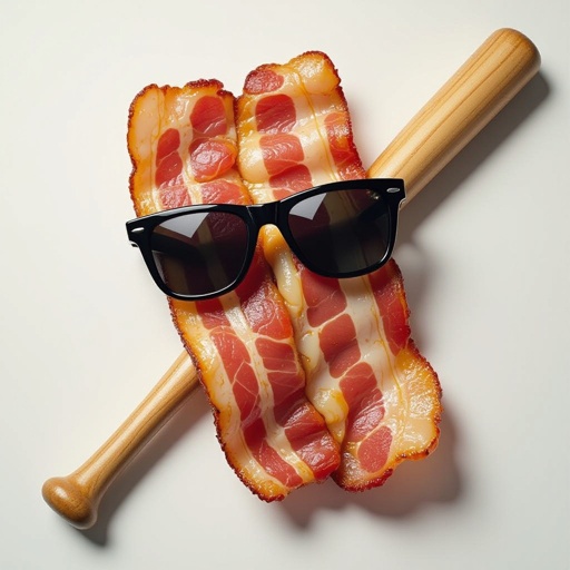 Um bacon de óculos escuros e com um taco de baseball na mão