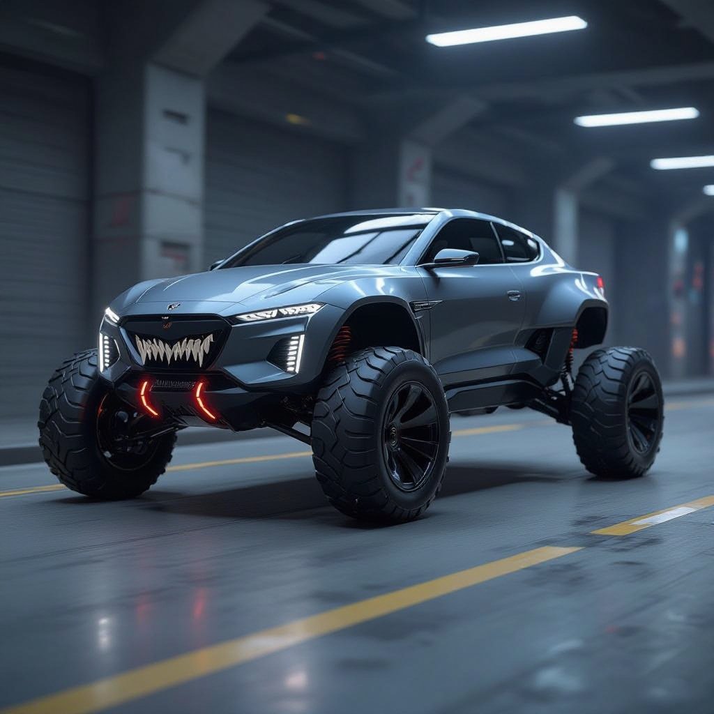 Make a car with six legs and a evil face