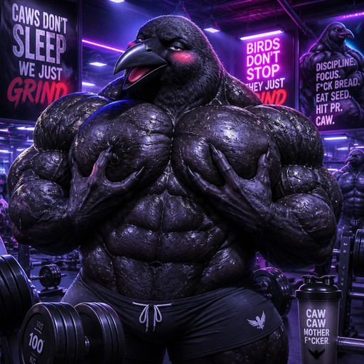 Muscular purple raven-themed character lifting weights in a neon gym.