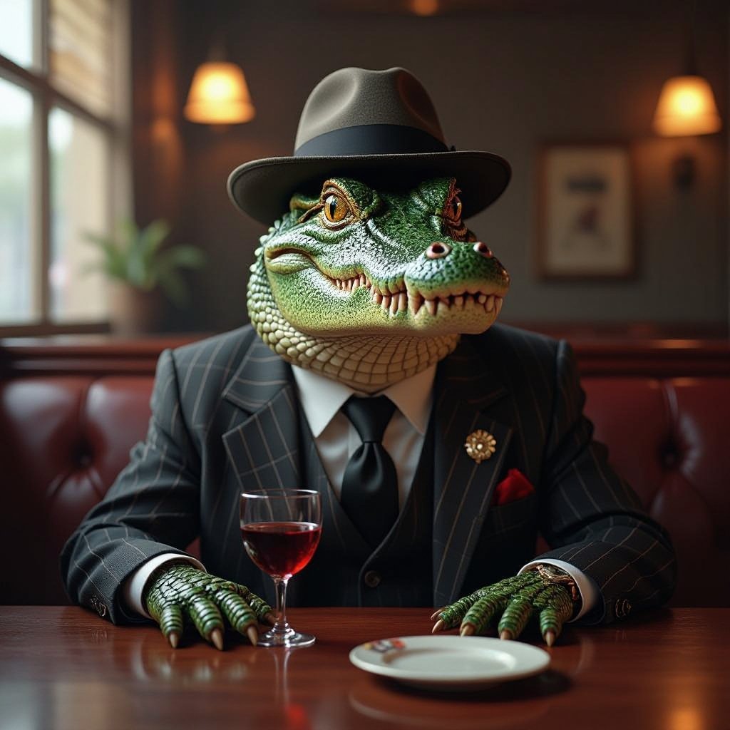 Un coccodrillo che indossa un outfit da gangster gentile in cita