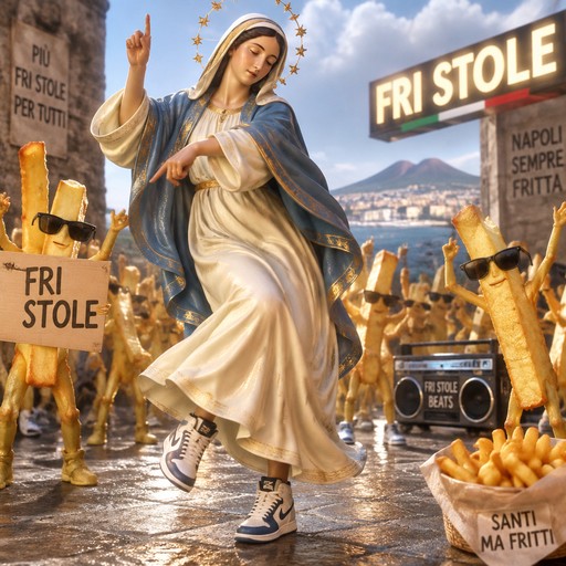 Surreal religious statue dancing among animated fries in a meme-style scene