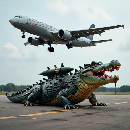 Un coccodrillo fuso ha un aeroplano con sotto delle bombe vista rate lare