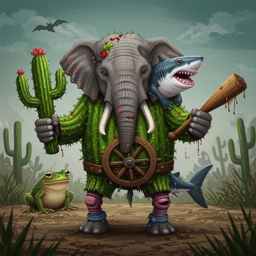 Elefante mischiato ad un cactus mischiato ad uno squalo mischiato ad una rana mischiata ad una ruota con una mazza di legno nella mano e delle gambe