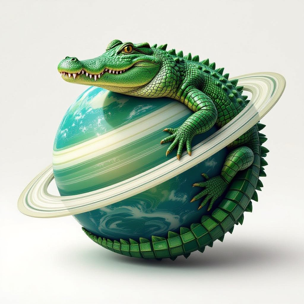 A alligator that has a planet as his body