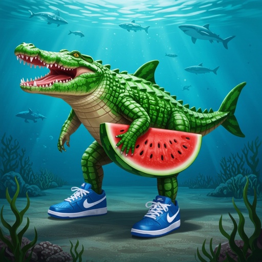 Un coccodrillo con il corpo di un’coccomero e con 3 gambe con Nike blu e una coda da squalo