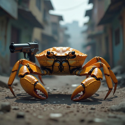 Um caranguejo dourado com uma arma na favela