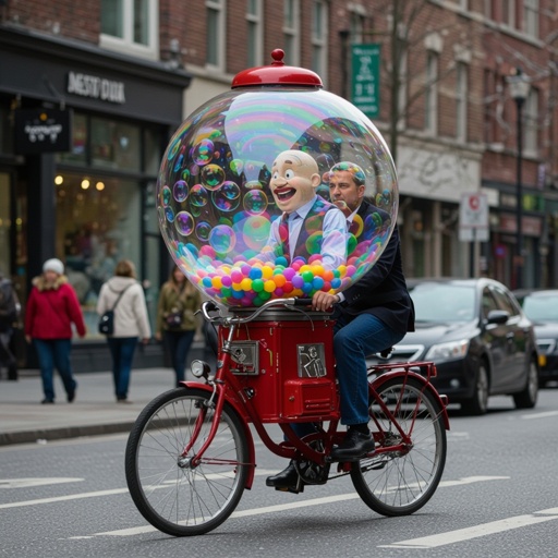 Gumball machine man ride bicycle in city