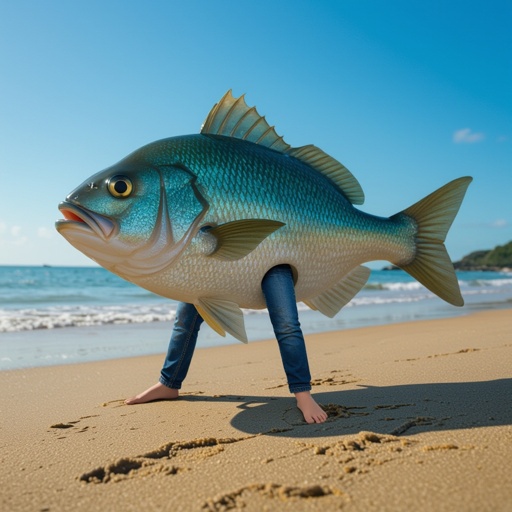 Fish cat head 4 human leg in beach