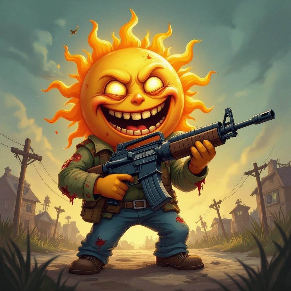 un sole con un sorriso malefico con un mitra