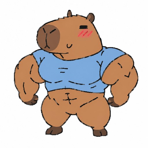 Cartoon capybara wearing a blue shirt, standing with flexed arms.
