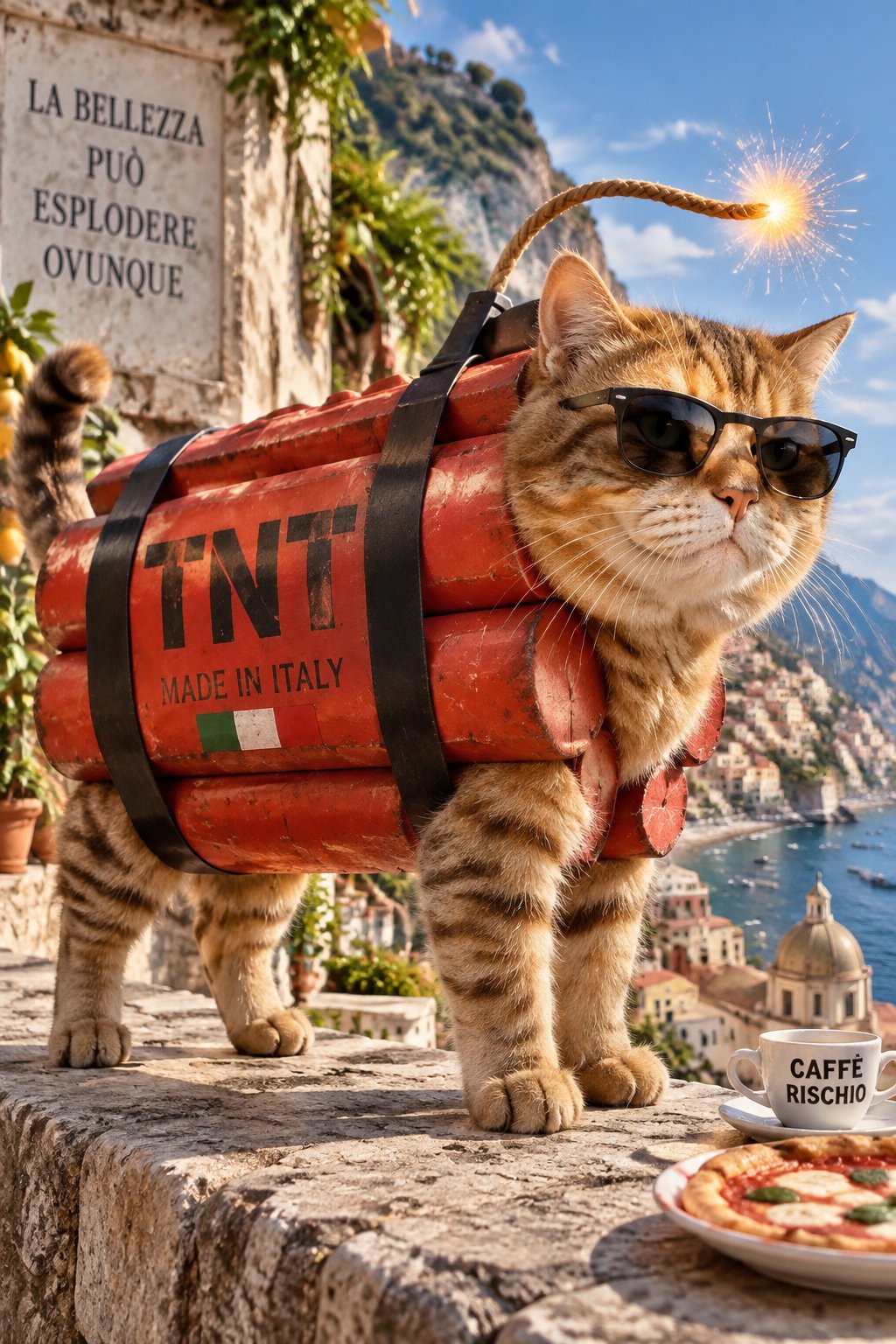 Sunglasses-wearing cat with a red TNT pack on a sunny mountain ledge, surreal meme style