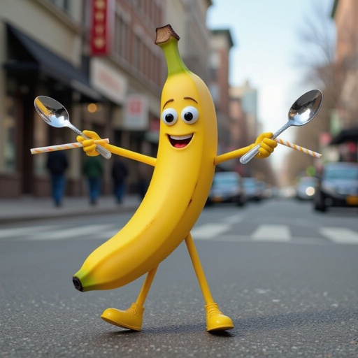 A banana that has straws for legs, spoons for arms.