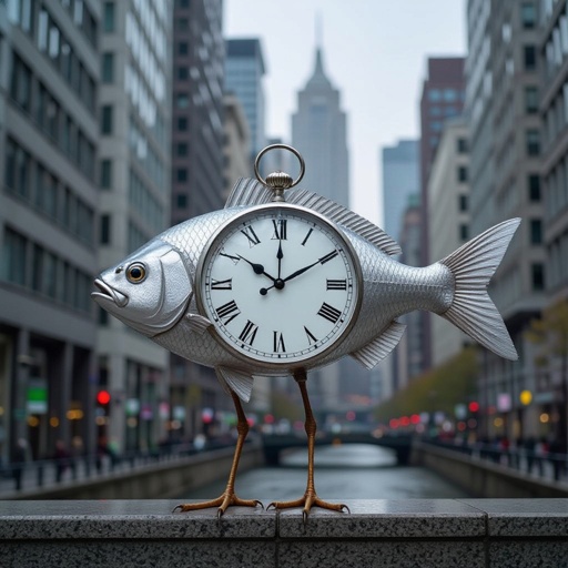 Fish with clock body 2 bird leg in city