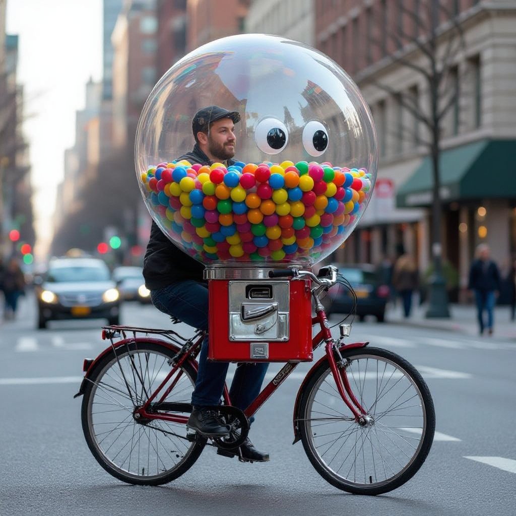 Gumball machine man ride bicycle in city