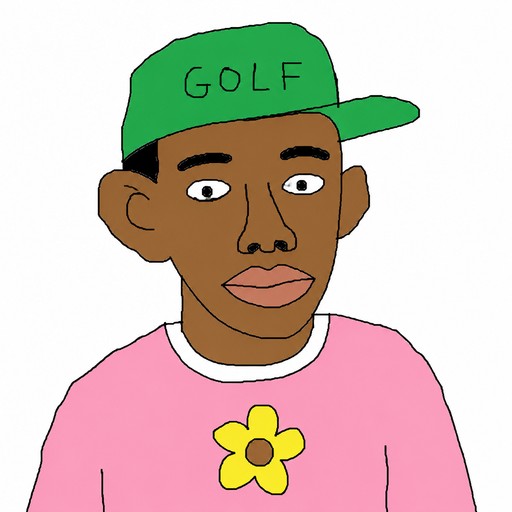 Cartoon person wearing a green golf cap and pink flower shirt.
