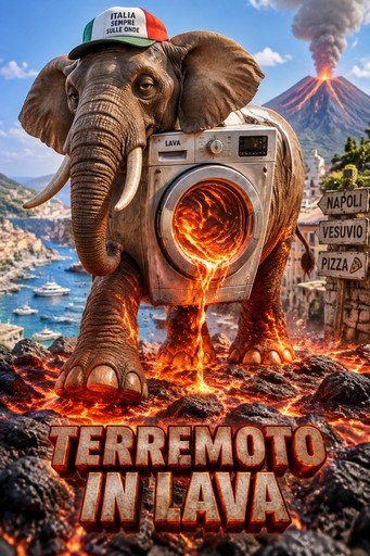 A cartoon elephant holds a camera amid erupting lava and a volcano, with bold text.