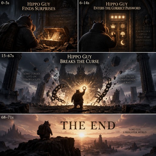 A fantasy comic shows a cloaked figure finding a sword, breaking a curse, and reaching the end.
