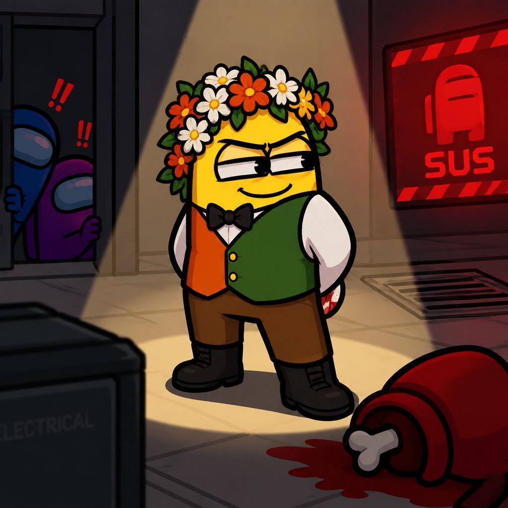 Cartoon yellow character in a flower crown stands over a red-suited figure near a “SUS” sign.