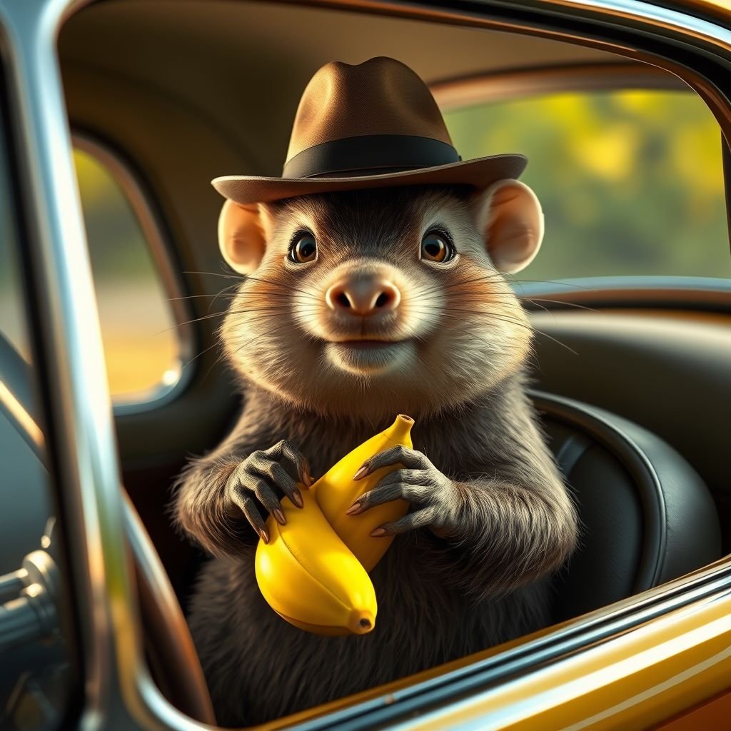 Una talpa con il cappello dentro una macchina con una banana in mano