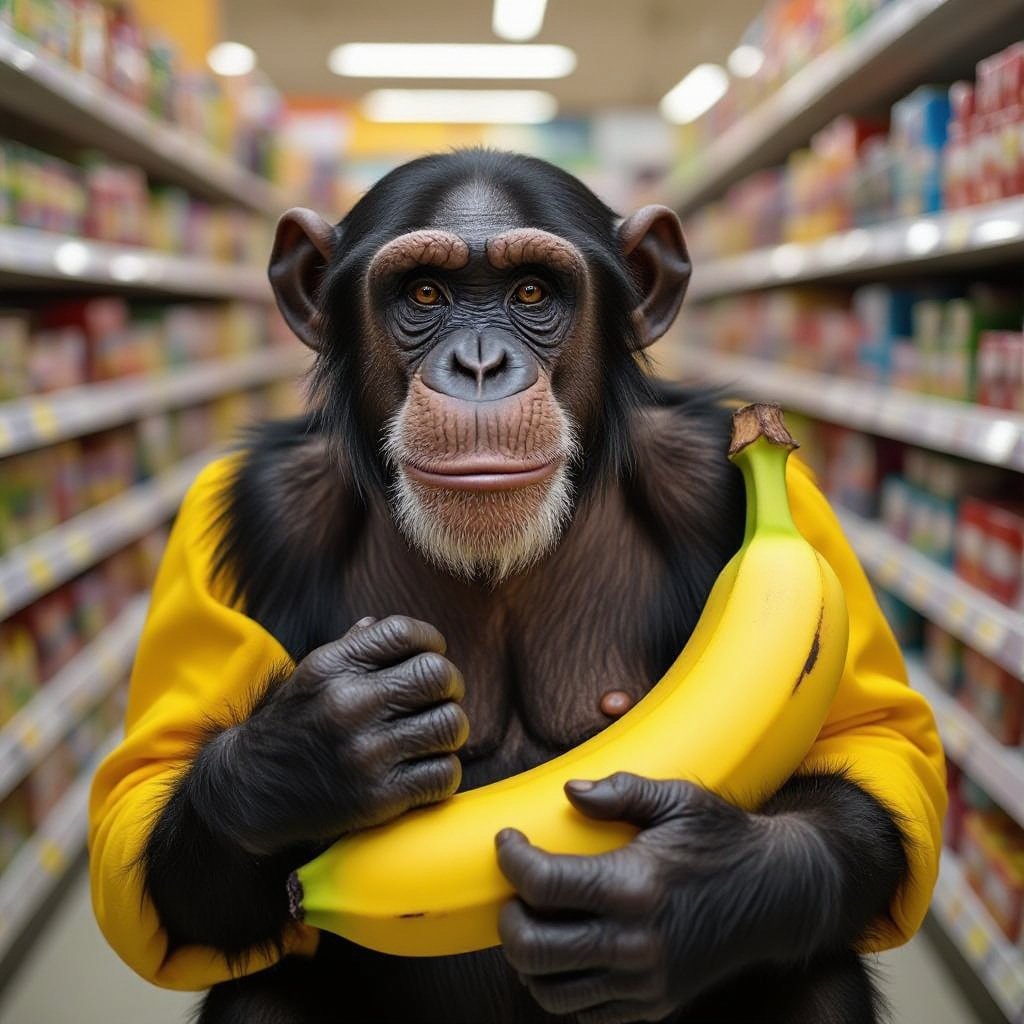 Chimpanzee banana body in store