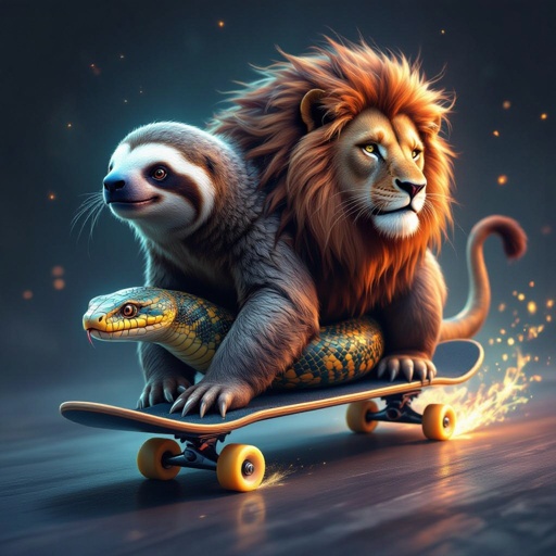 Half sloth half snake half lion on a skate