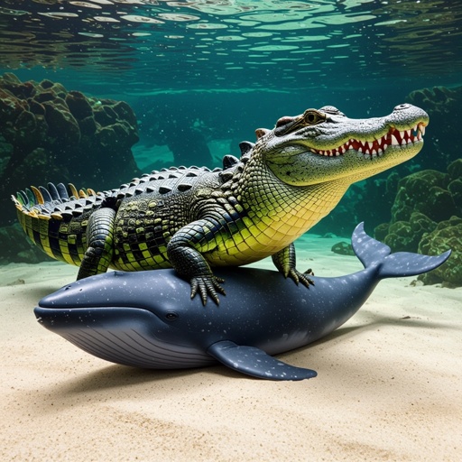 Un alligatore con la testa di un dinosauro e la coda di balena