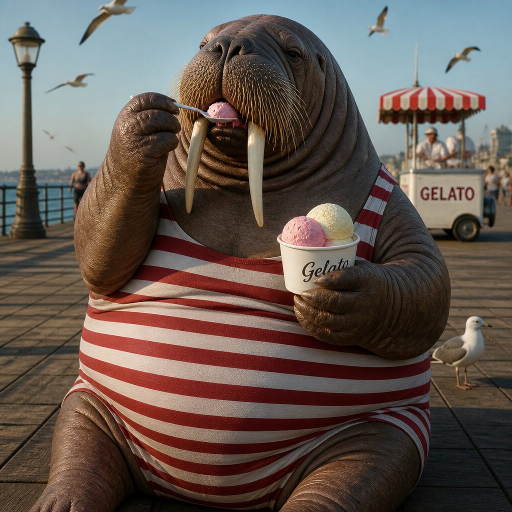 Cartoon walrus eating gelato on a seaside pier with gulls and a striped kiosk