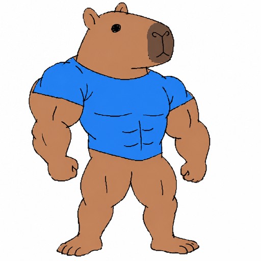 Cartoon capybara wearing a blue shirt and flexing with muscular arms