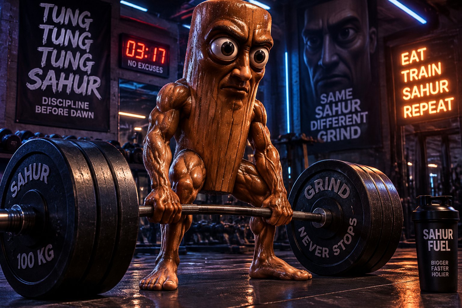 Muscular cartoon figure lifting a barbell in a neon-lit gym with meme text overlays