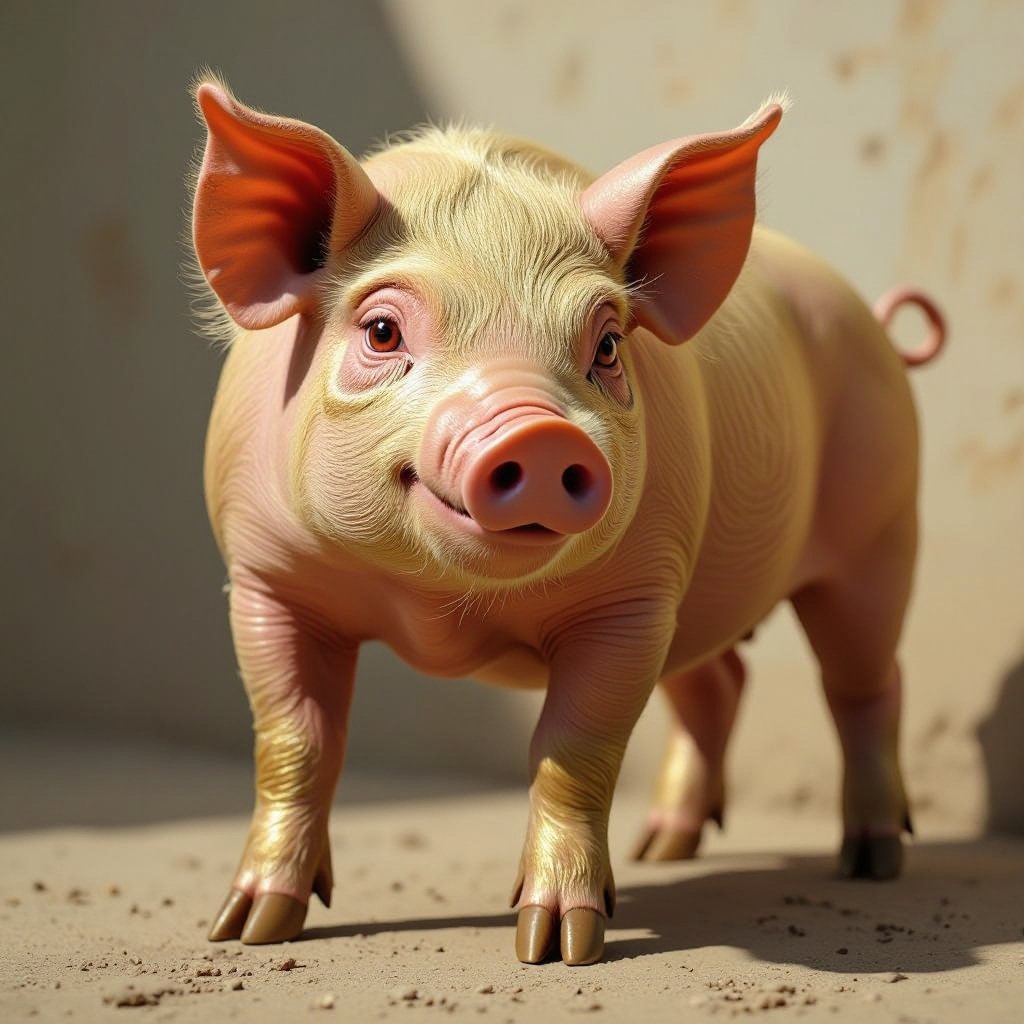 Golden pig with human legs and red eyes 