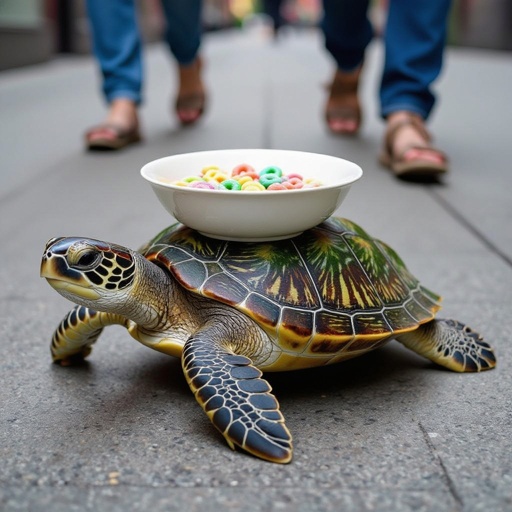 Turtle with cereal bowl on back 4 human foot in city