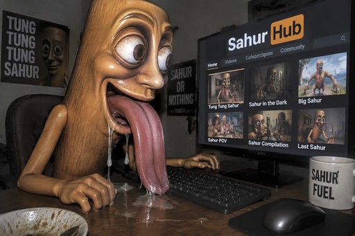 Wide-eyed cartoon figure with long tongue at computer, dark meme style, beige and black tones.