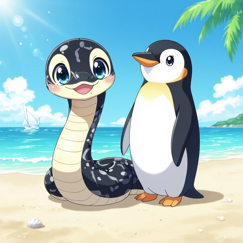 Un serpente con la testa di un pinguino in. Una spiaggia 
