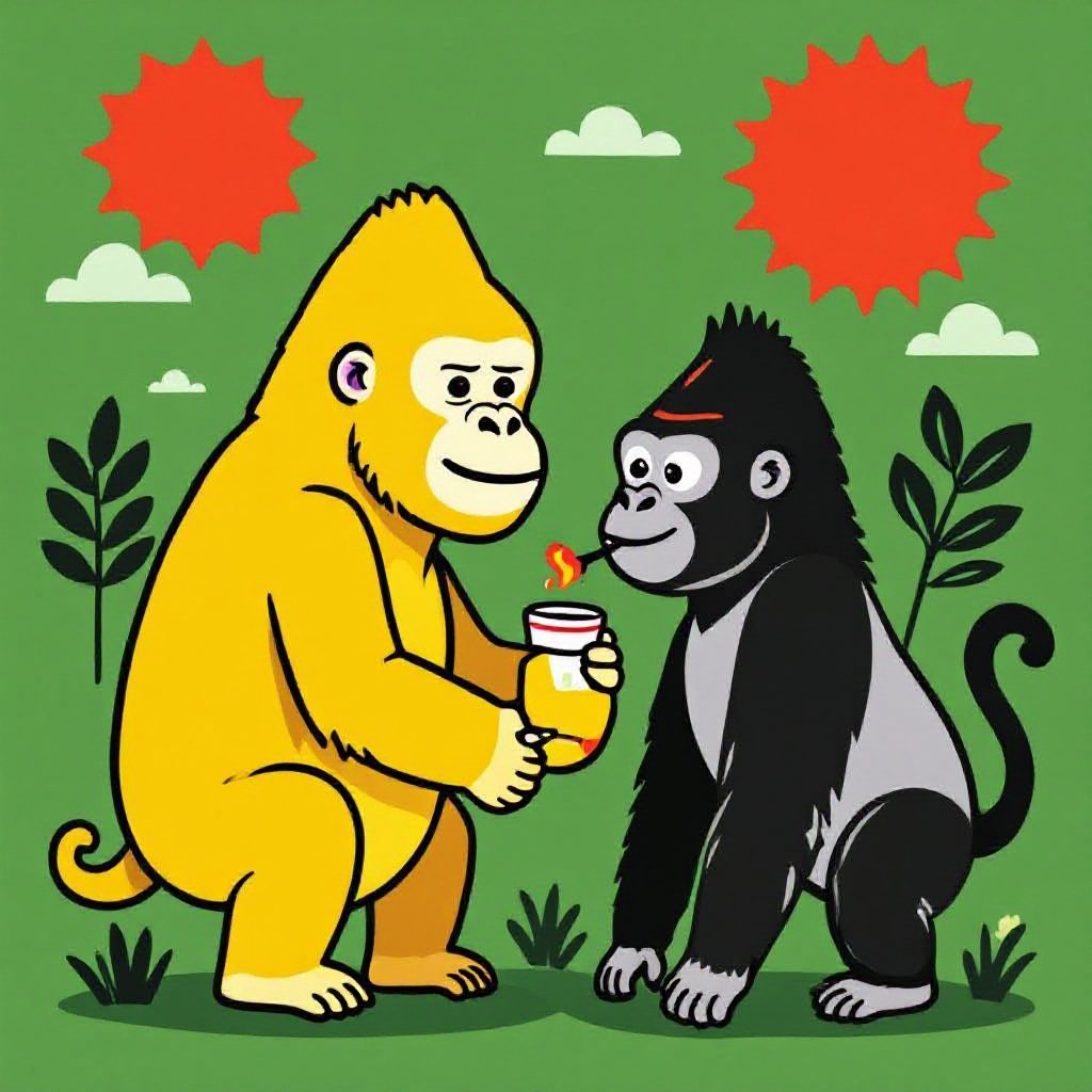 黄色いゴリラと太陽が描かれた緑色の背景