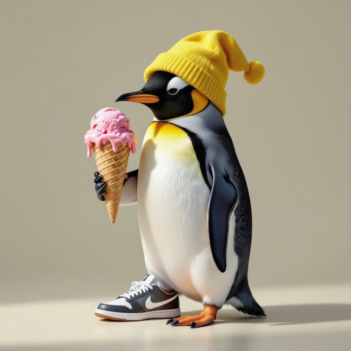 A penguin wearing a yellow hat and Nike shoes eating strawberry ice cream.