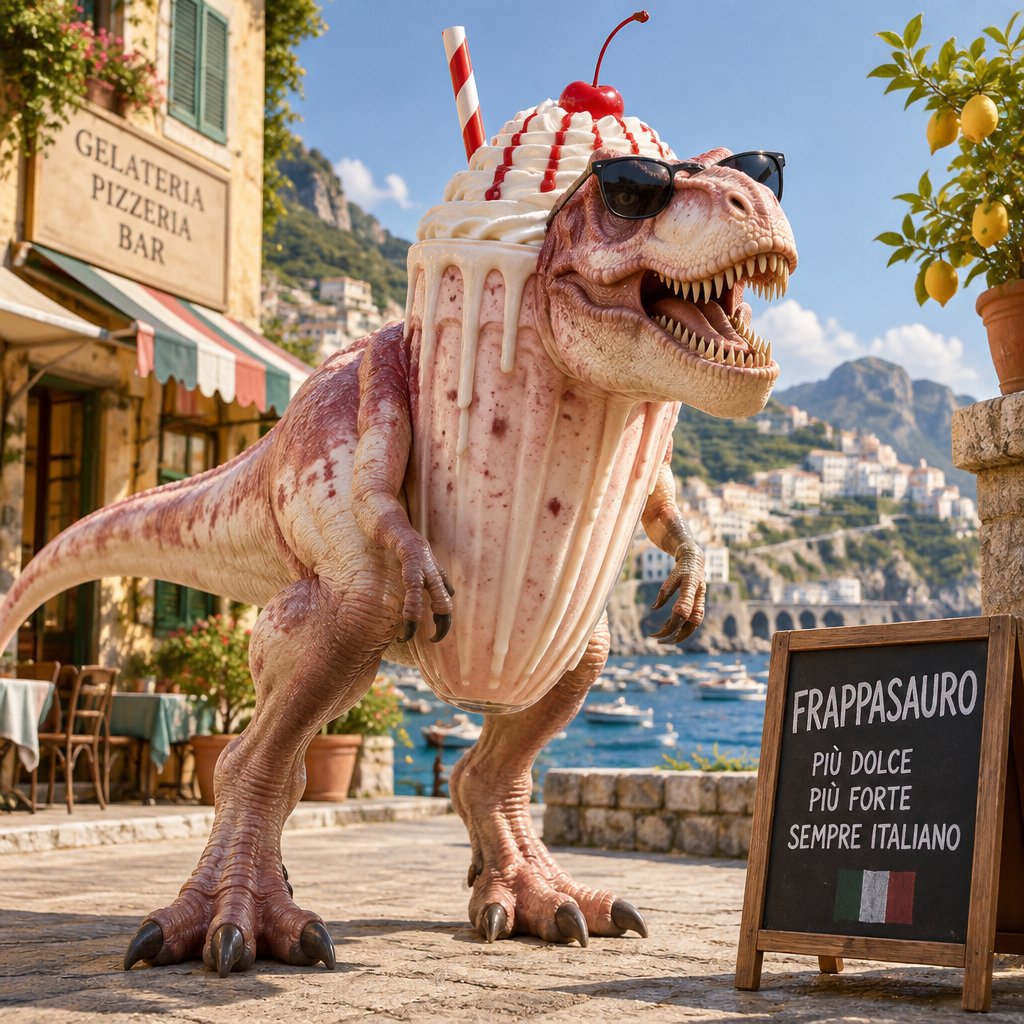 A striped dinosaur wearing sunglasses stands beside a seaside café sign.