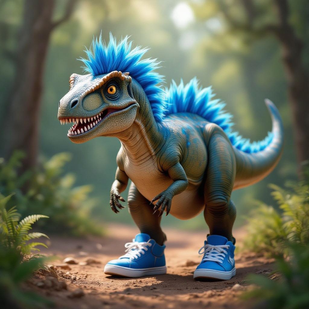 A dinosaur with blue hair and blue shoes