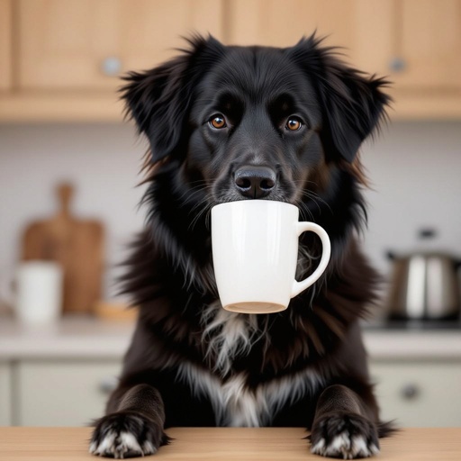 cane nero all'impiedi che beve un caffe vicino ad una cucina